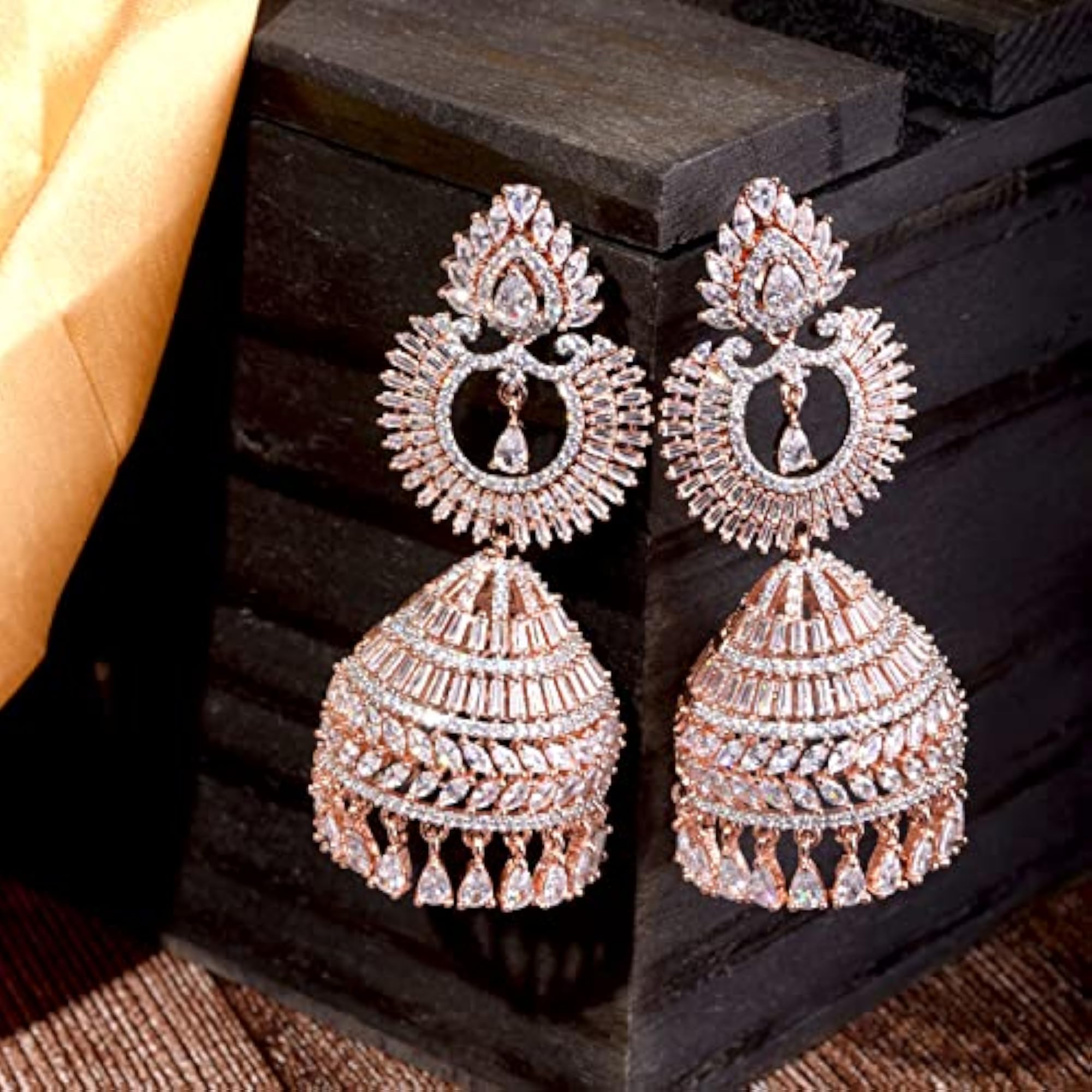 Women's Rose Gold Plated American Diamond Studded Jhumka Earrings